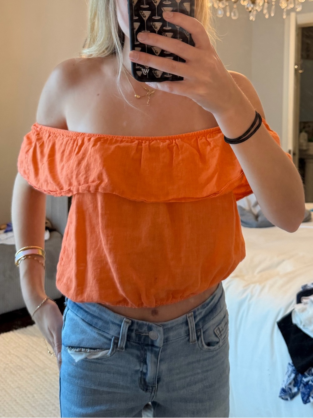 Off-Shoulder Ruffle Crop Top - Orange